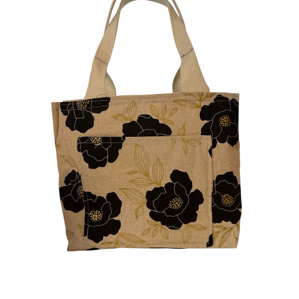 Canvas Floral Tote Bag in Beige and Black